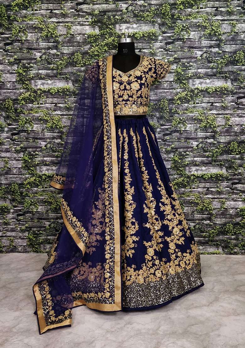Blue Embroidered Silk Blend Lehenga Set for Diwali and Festive Wear - Indya
