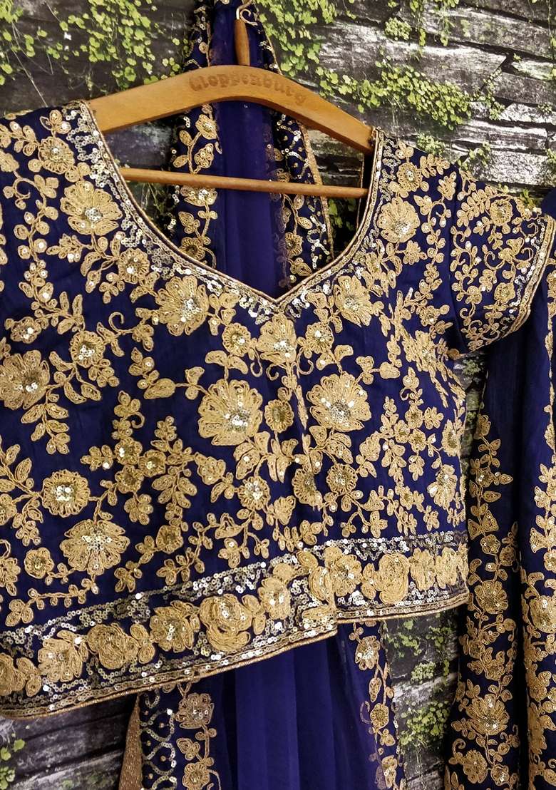 Blue Embroidered Silk Blend Lehenga Set for Diwali and Festive Wear - Indya