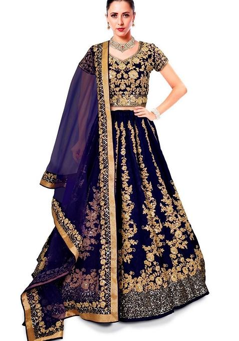 Blue Embroidered Silk Lehenga Set