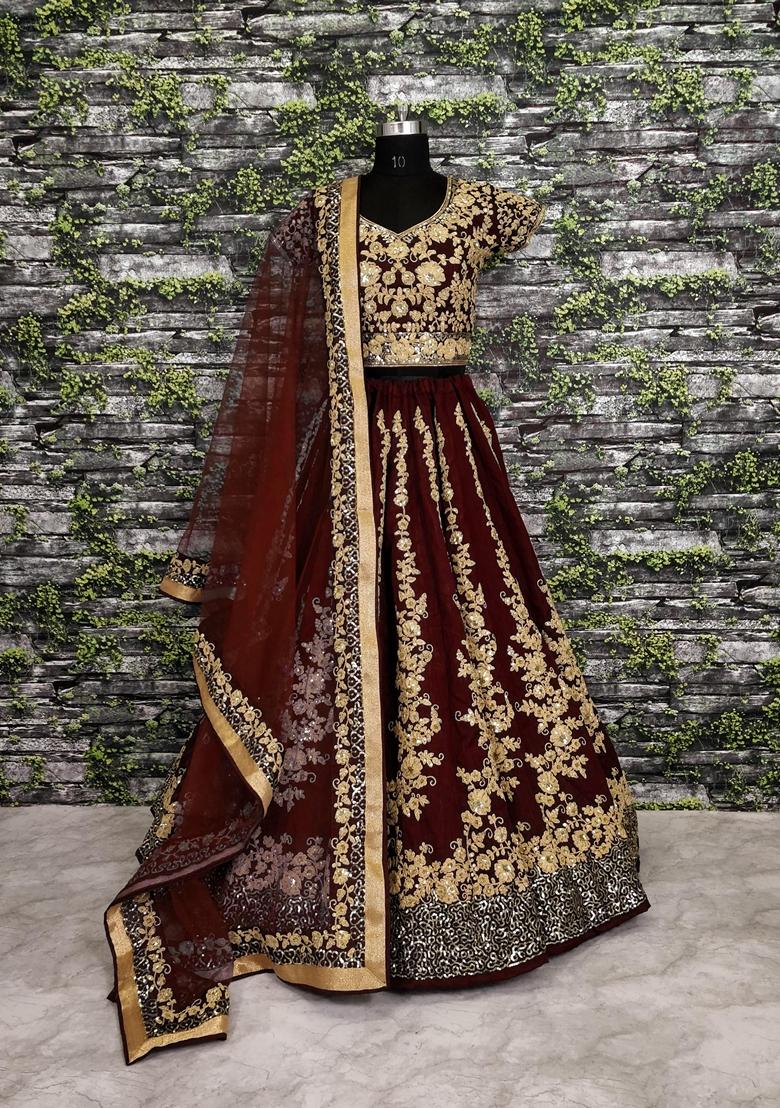 Maroon Embroidered Silk Lehenga Set