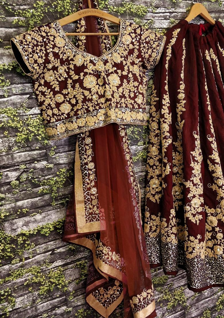 Maroon Embroidered Silk Lehenga Set