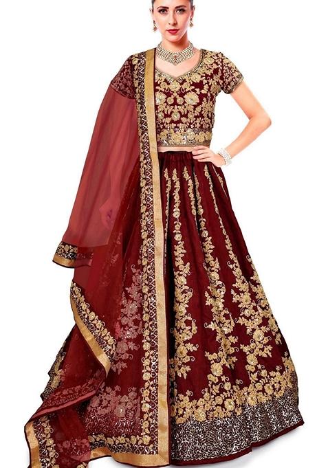 Maroon Embroidered Silk Lehenga Set