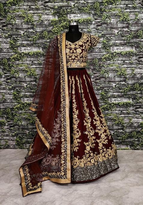 Maroon Embroidered Silk Lehenga Set