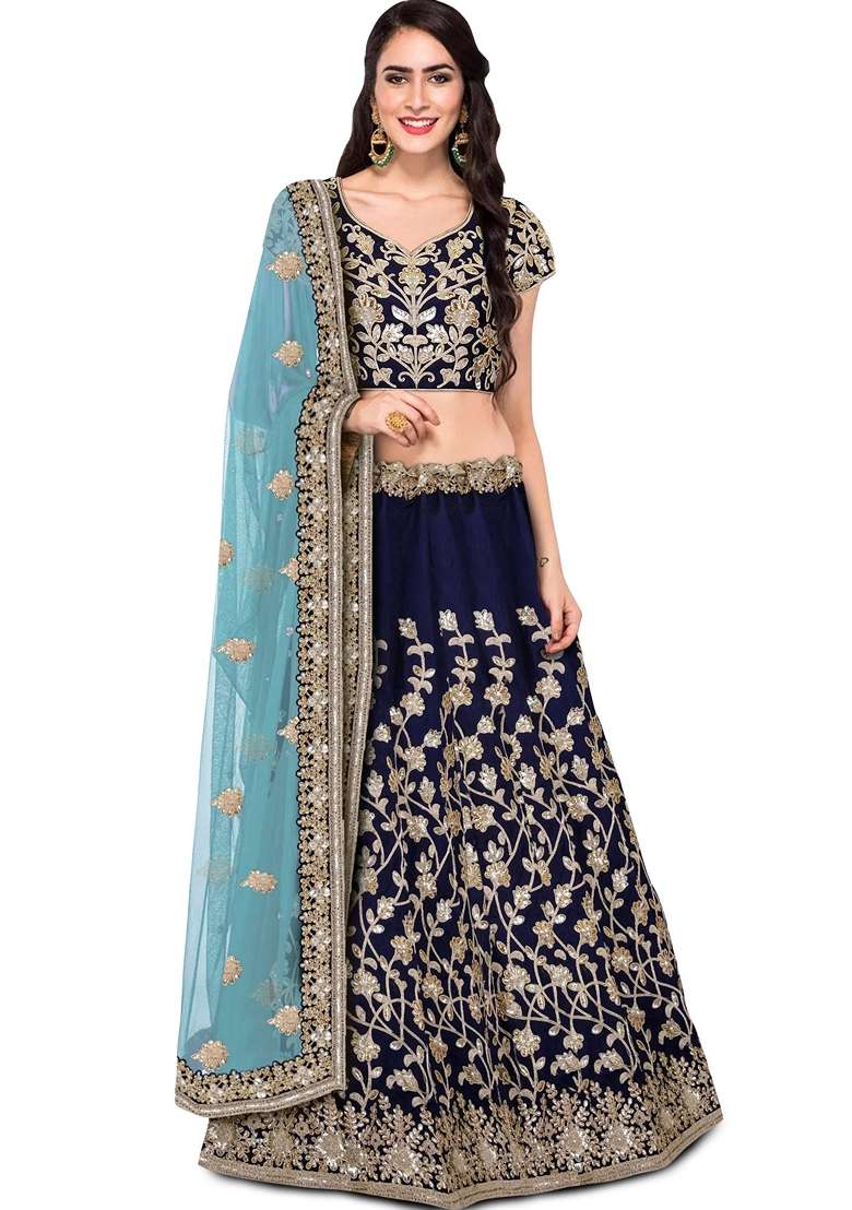 Blue Embroidered Silk Blend Lehenga Set for Diwali and Festive Wear - Indya