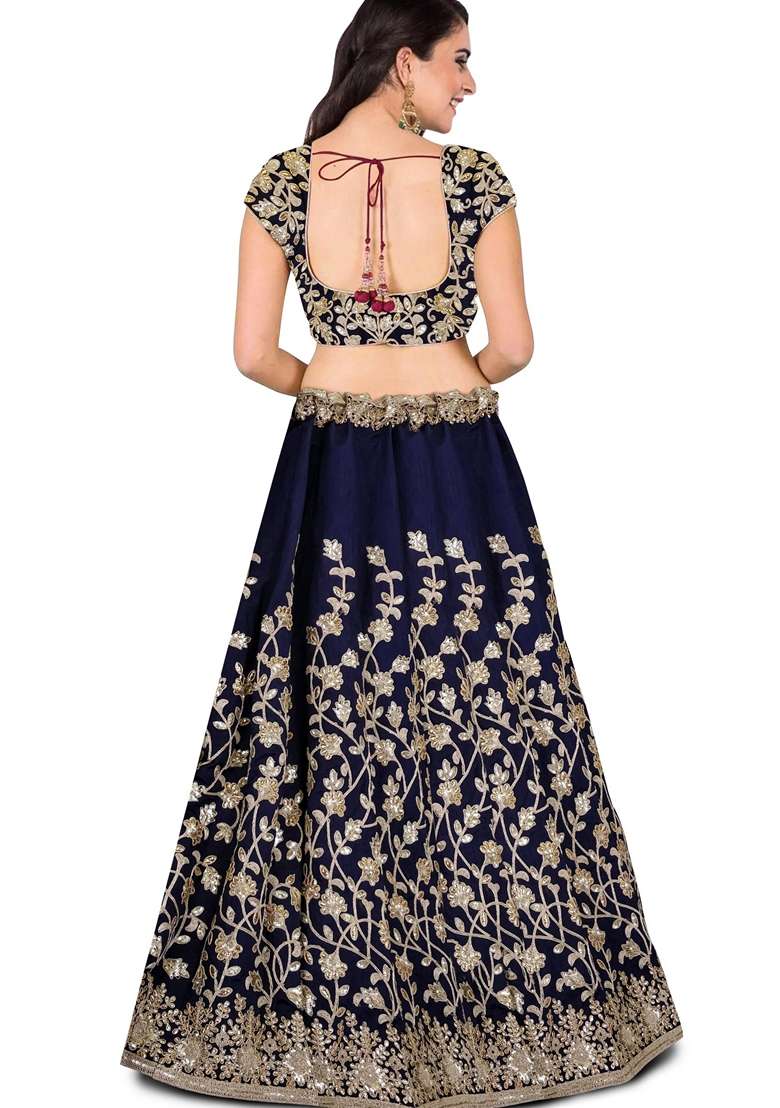 Blue Embroidered Silk Blend Lehenga Set for Diwali and Festive Wear - Indya