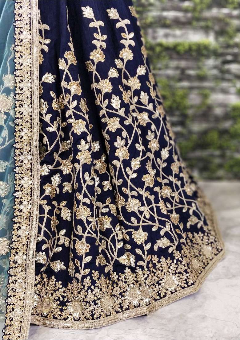 Blue Embroidered Silk Blend Lehenga Set for Diwali and Festive Wear - Indya