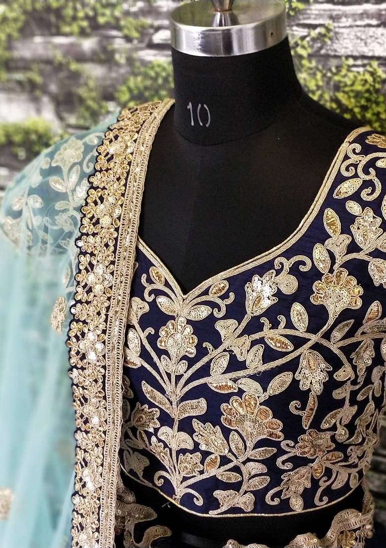 Blue Embroidered Silk Blend Lehenga Set for Diwali and Festive Wear - Indya
