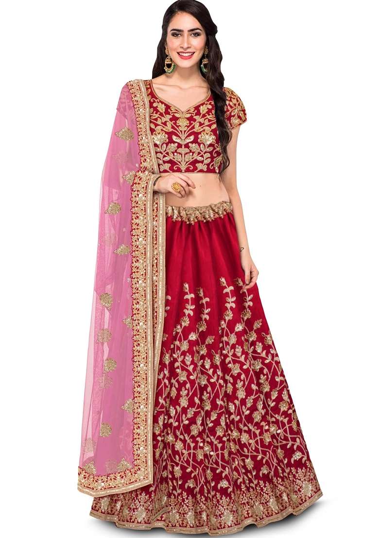Red Embroidered Silk Blend Lehenga Set for Diwali and Festive Wear - Indya