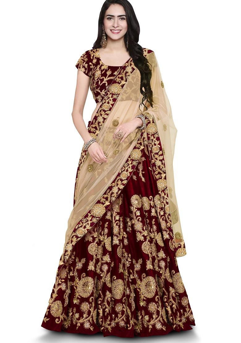 Maroon Embroidered Velvet Lehenga Set