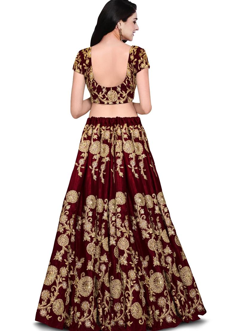 Maroon Embroidered Velvet Lehenga Set
