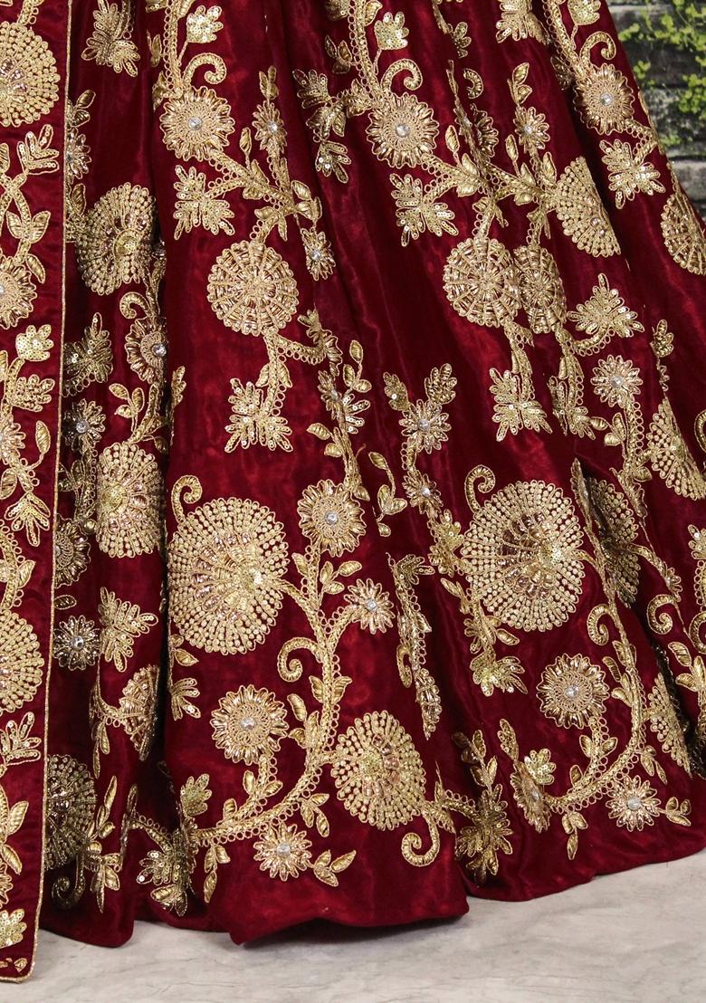 Maroon Embroidered Velvet Lehenga Set