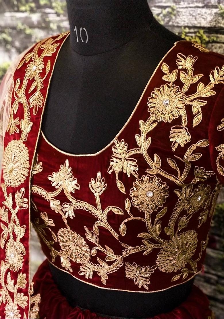 Maroon Embroidered Velvet Lehenga Set