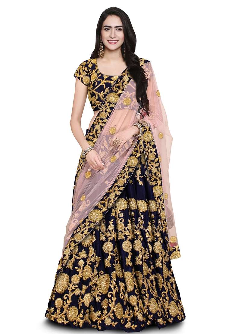 Navy Blue Embroidered Velvet Lehenga Set - Indya