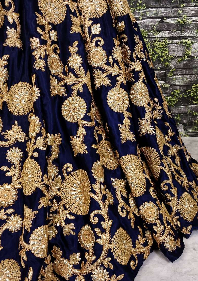 Navy Blue Embroidered Velvet Lehenga Set - Indya