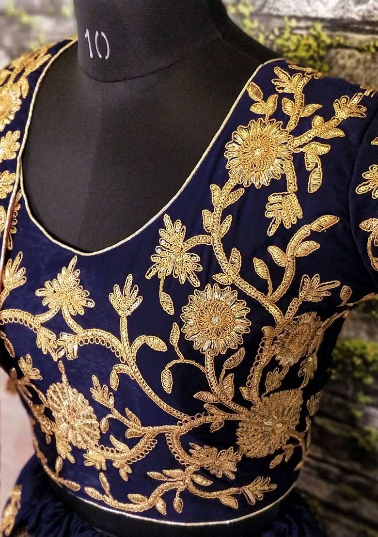 Navy Blue Embroidered Velvet Lehenga Set - Indya