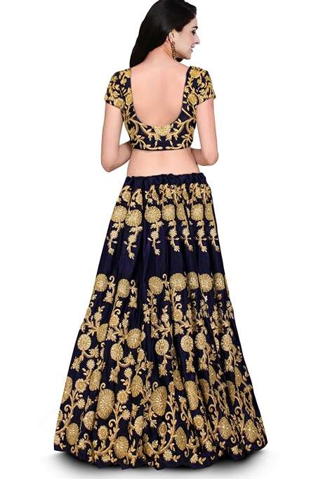 Buy Women Navy Blue Embroidered Velvet Lehenga Set - XLH06498 ...