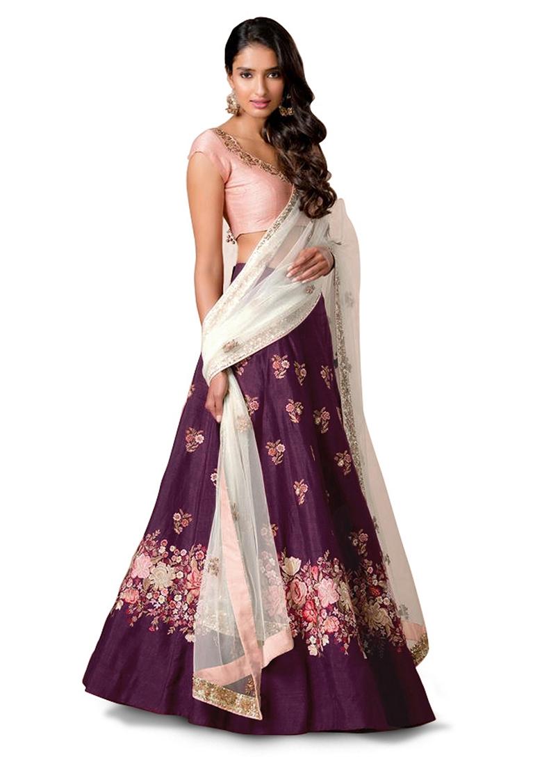 Purple Embroidered Silk Lehenga Set