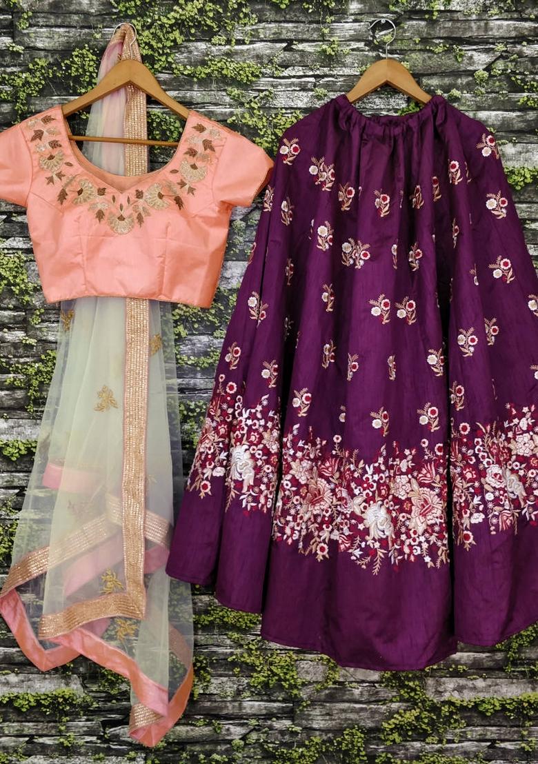 Purple Embroidered Silk Lehenga Set