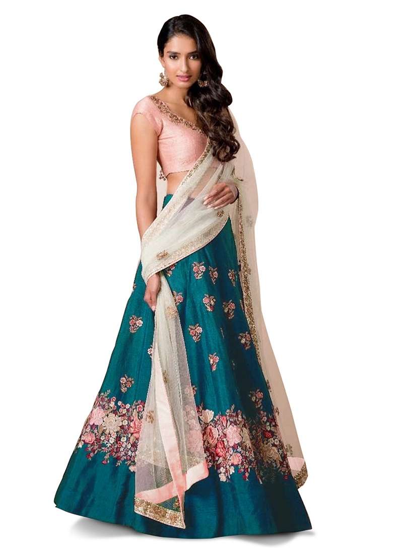 Blue Silk Blend Lehenga Set with Embroidered for Diwali | Wedding & Festive Wear - Indya