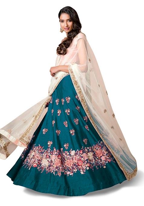 Blue Embroidered Silk Lehenga Set