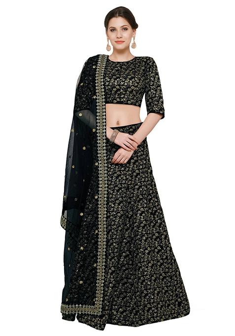 Black Embroidered Silk Lehenga Set