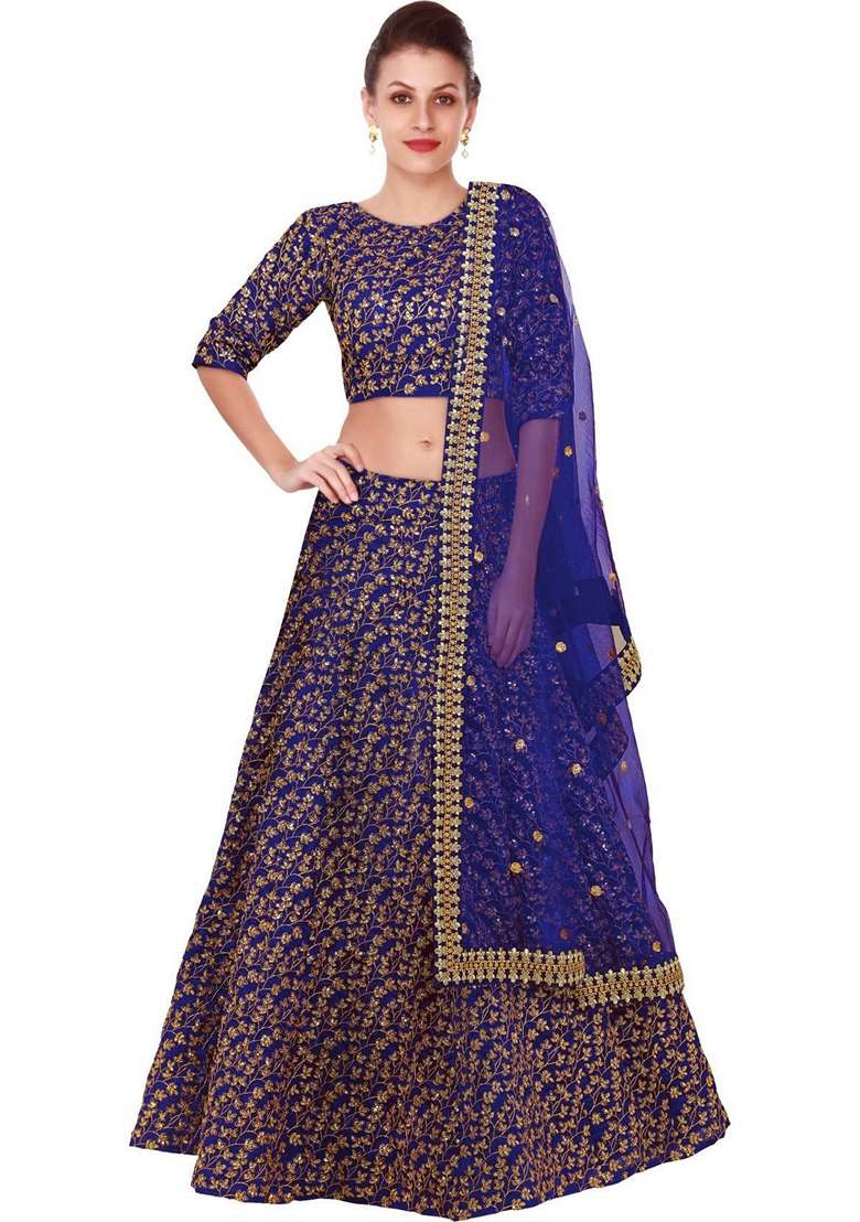 Blue Silk Blend Lehenga Set with Embroidered for Diwali | Wedding & Festive Wear - Indya