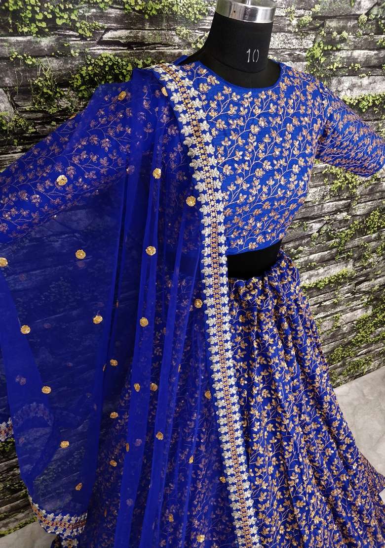 Blue Silk Blend Lehenga Set with Embroidered for Diwali | Wedding & Festive Wear - Indya