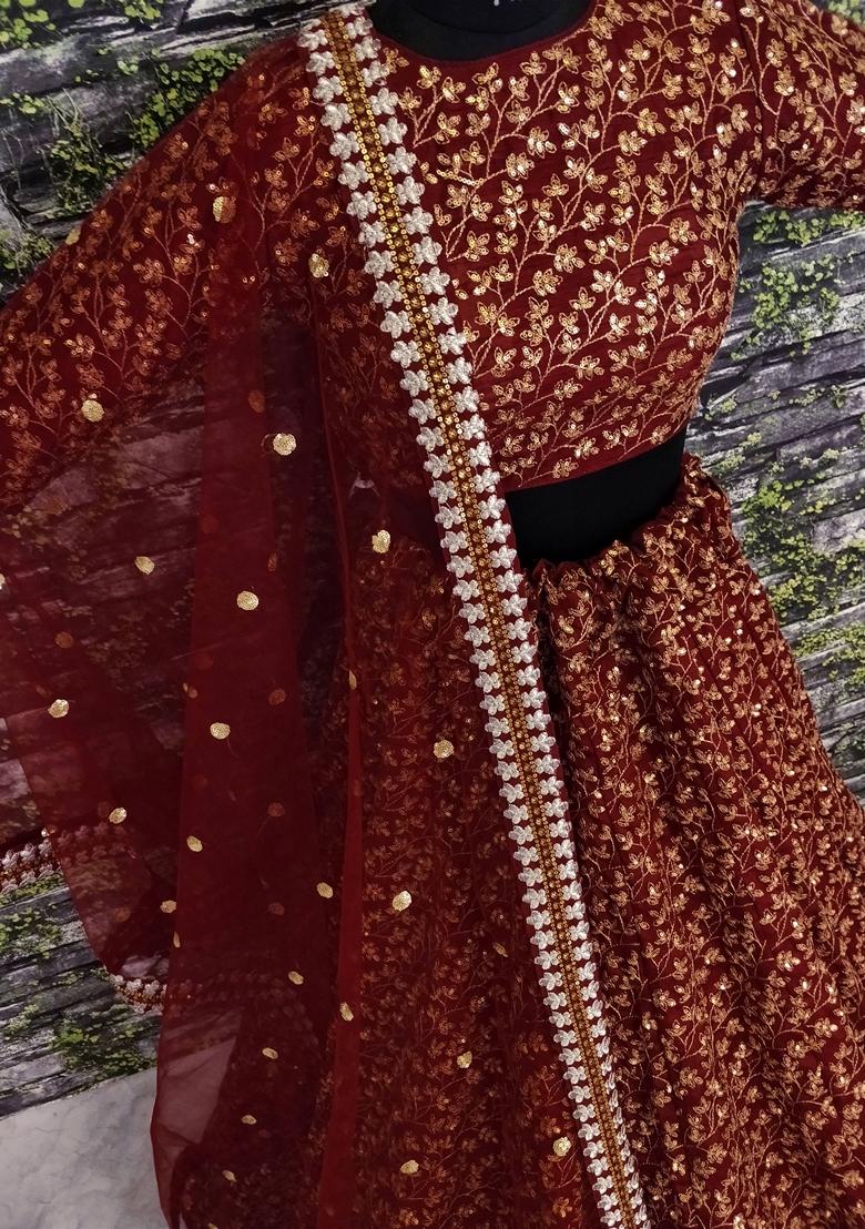 Maroon Embroidered Silk Lehenga Set