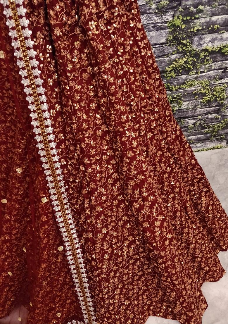 Maroon Embroidered Silk Lehenga Set