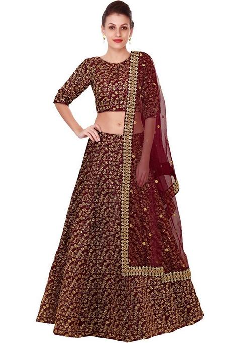 Maroon Embroidered Silk Lehenga Set