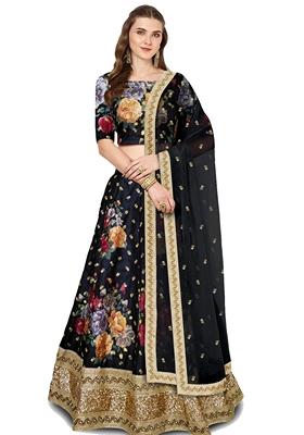 Black Embroidered Art Silk Lehenga Set