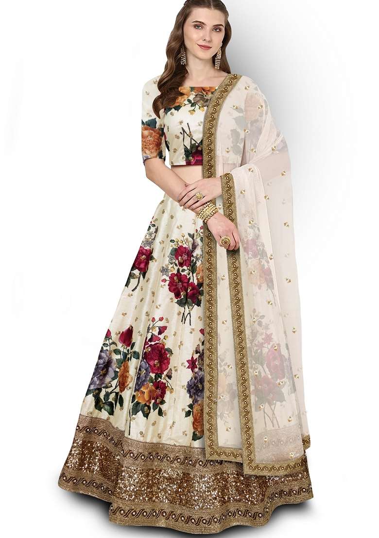 Cream Embroidered Art Silk Blend Lehenga Set for Diwali and Festive Wear - Indya
