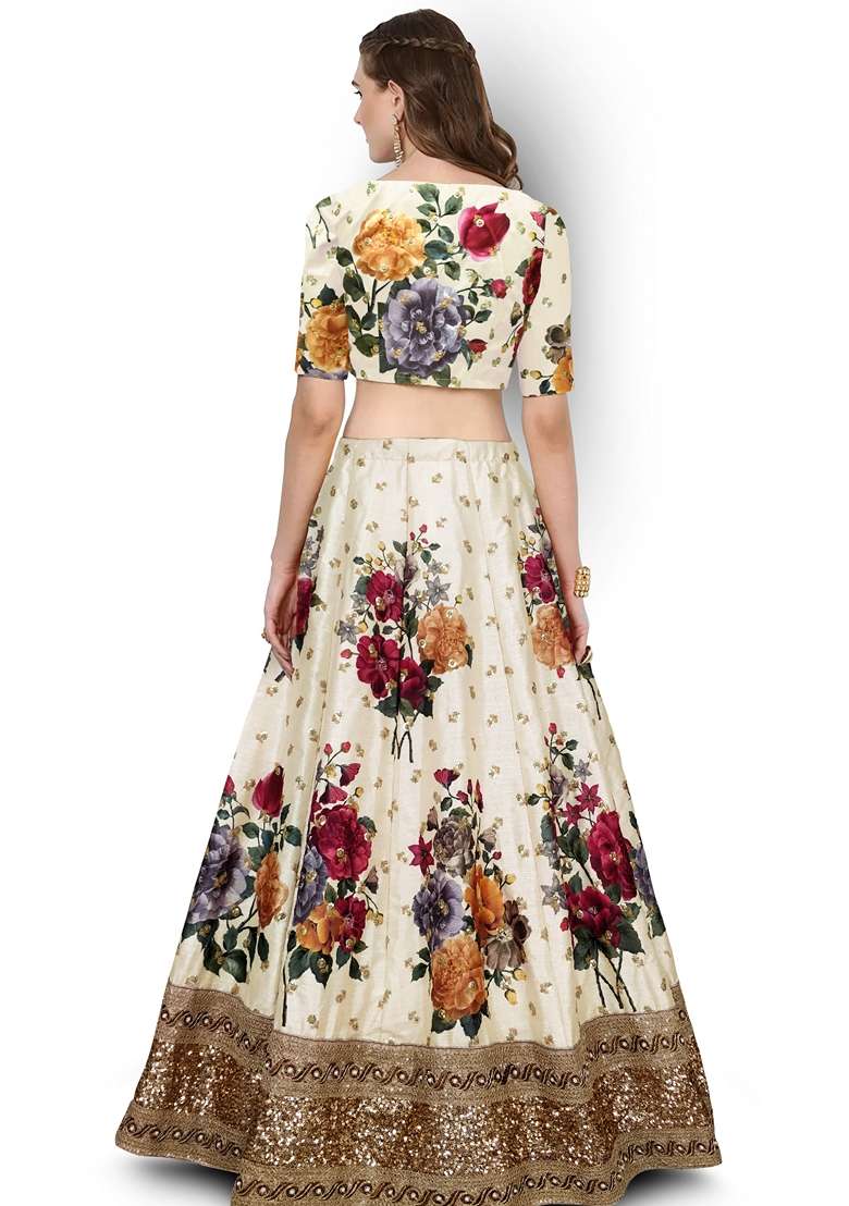 Cream Embroidered Art Silk Blend Lehenga Set for Diwali and Festive Wear - Indya