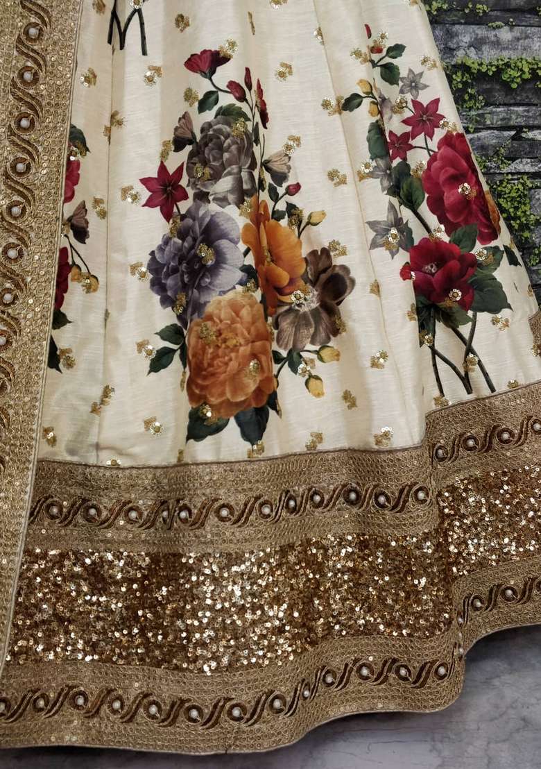 Cream Embroidered Art Silk Blend Lehenga Set for Diwali and Festive Wear - Indya