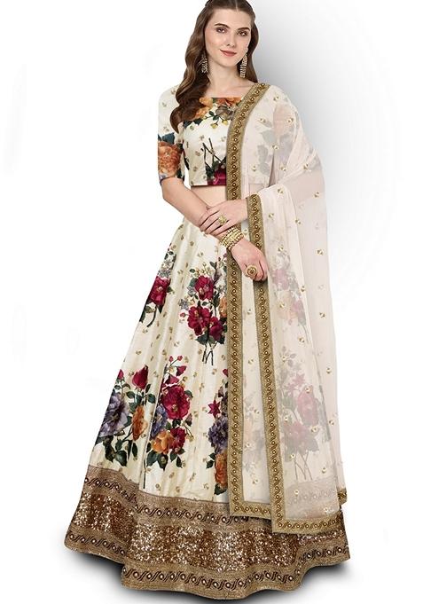 Cream Embroidered Art Silk Lehenga Set