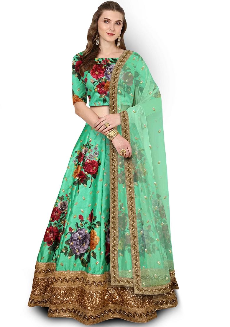 Green Embroidered Art Silk Lehenga Set