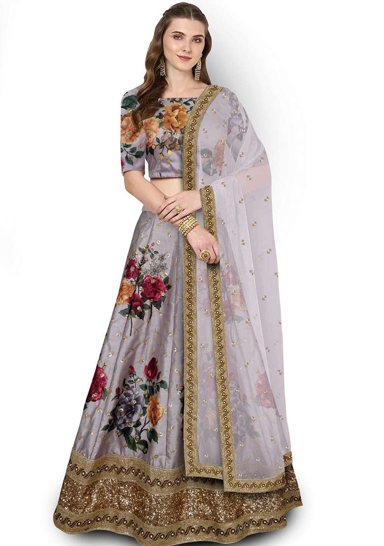 Grey Blend Art Silk Lehenga Set with Embroidered for Diwali | Wedding & Festive Wear - Indya