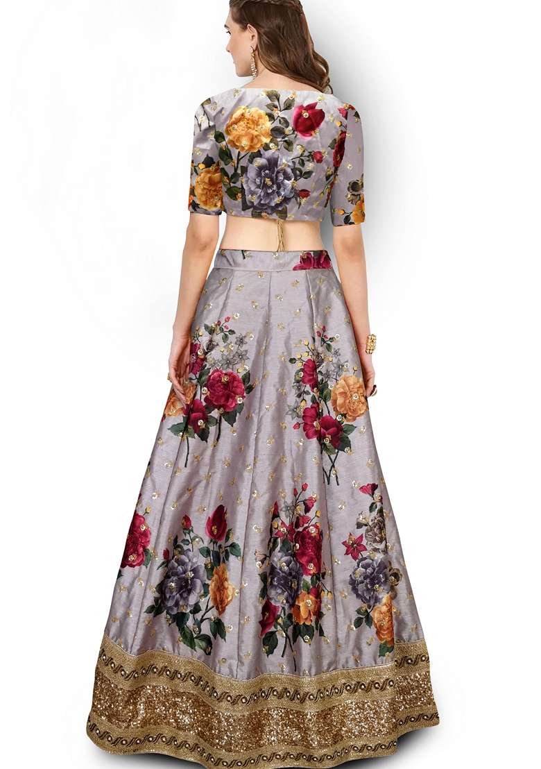 Grey Blend Art Silk Lehenga Set with Embroidered for Diwali | Wedding & Festive Wear - Indya