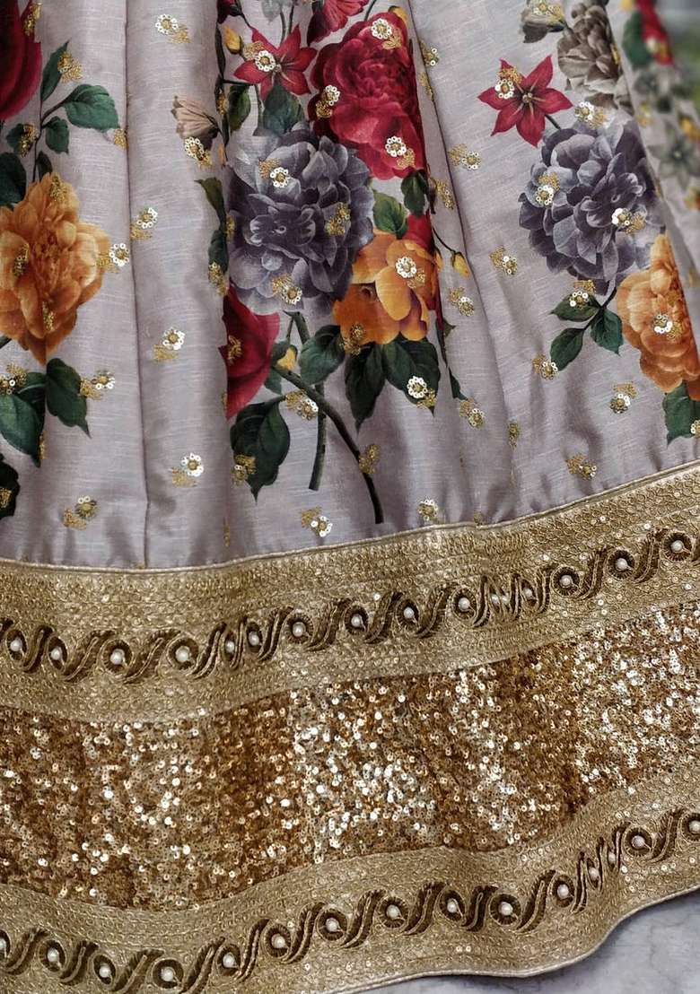 Grey Blend Art Silk Lehenga Set with Embroidered for Diwali | Wedding & Festive Wear - Indya