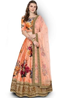 Peach Embroidered Art Silk Lehenga Set