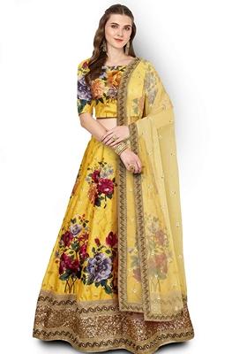 Yellow Embroidered Art Silk Lehenga Set