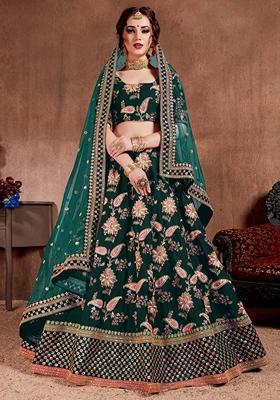 Dark Green Embroidered Art Silk Lehenga Set