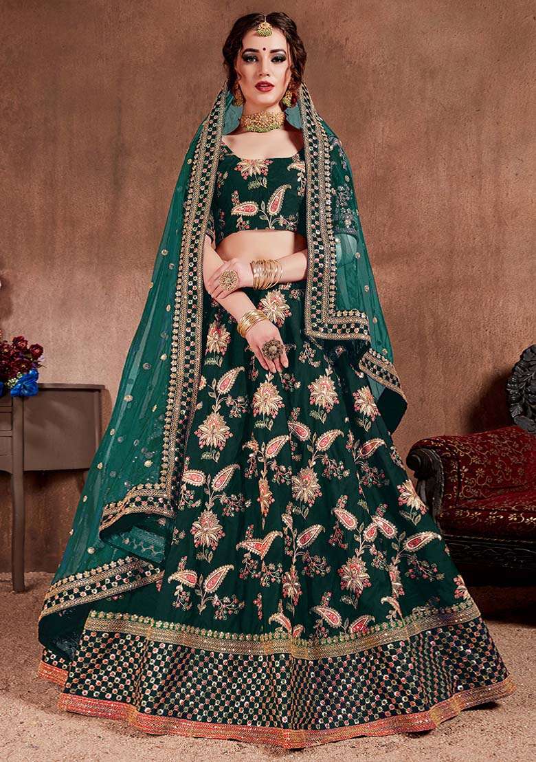 Dark Green Blend Art Silk Lehenga Set with Embroidered for Diwali | Wedding & Festive Wear - Indya