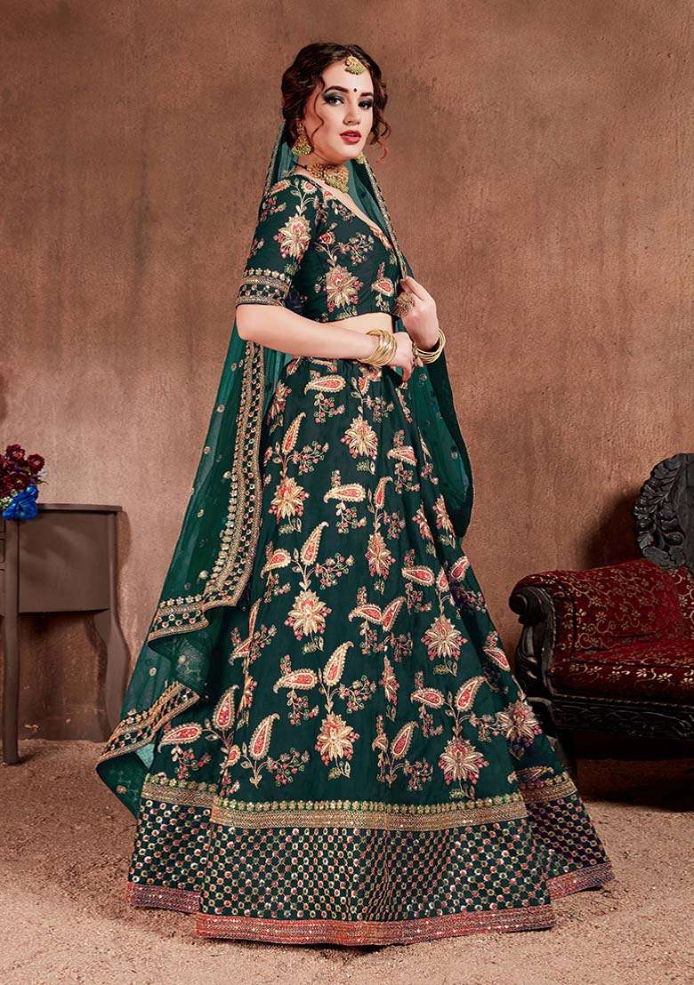 Dark Green Blend Art Silk Lehenga Set with Embroidered for Diwali | Wedding & Festive Wear - Indya