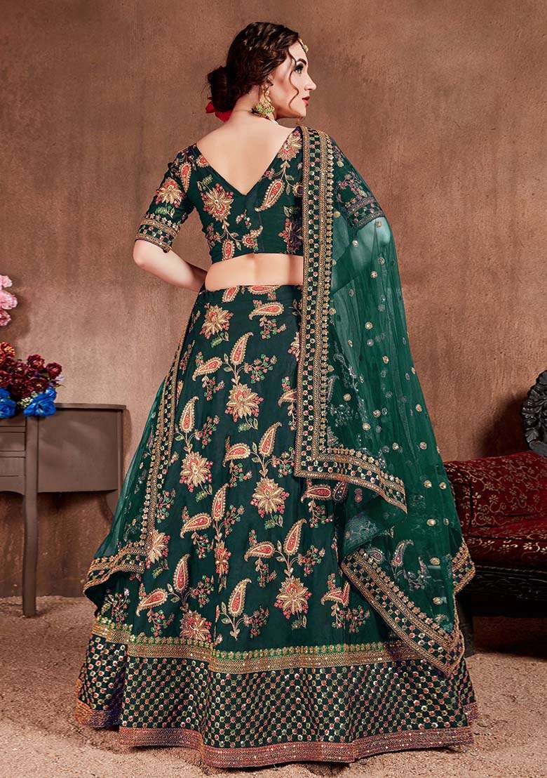 Dark Green Blend Art Silk Lehenga Set with Embroidered for Diwali | Wedding & Festive Wear - Indya