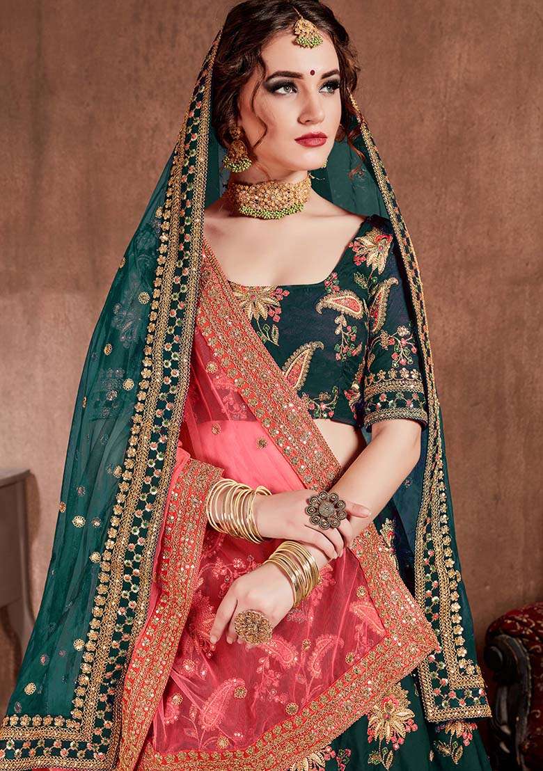 Dark Green Blend Art Silk Lehenga Set with Embroidered for Diwali | Wedding & Festive Wear - Indya