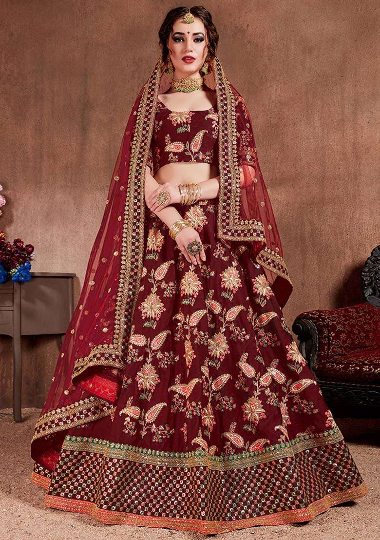 Dark Maroon Embroidered Art Silk Blend Lehenga Set for Diwali and Festive Wear - Indya