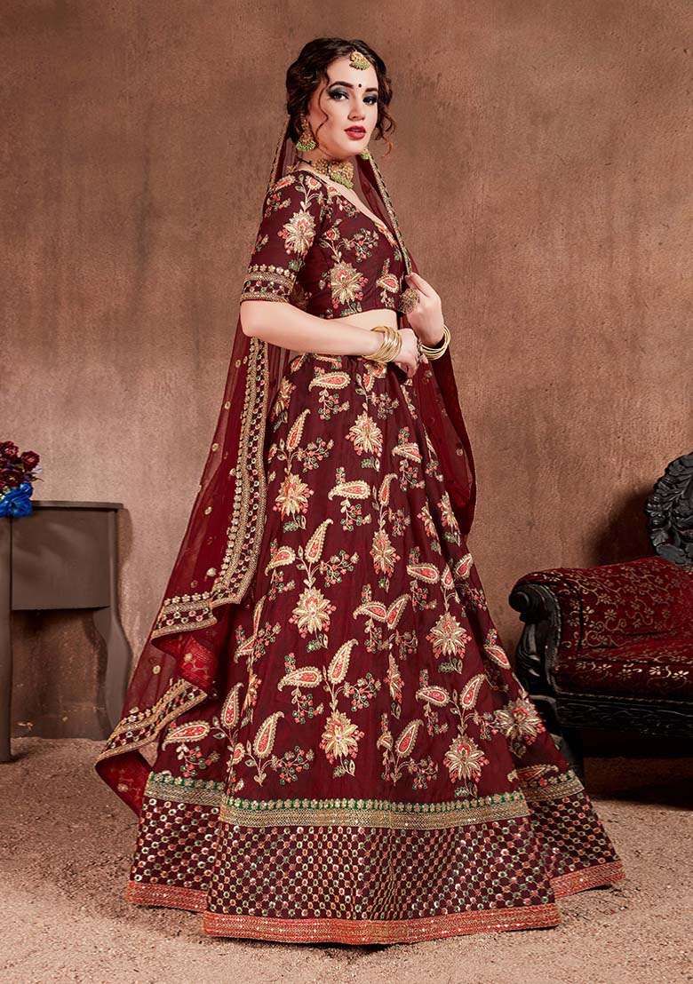 Dark Maroon Embroidered Art Silk Blend Lehenga Set for Diwali and Festive Wear - Indya