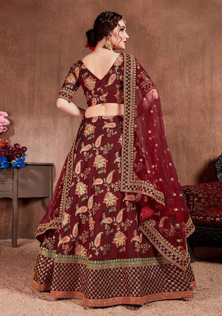 Dark Maroon Embroidered Art Silk Blend Lehenga Set for Diwali and Festive Wear - Indya
