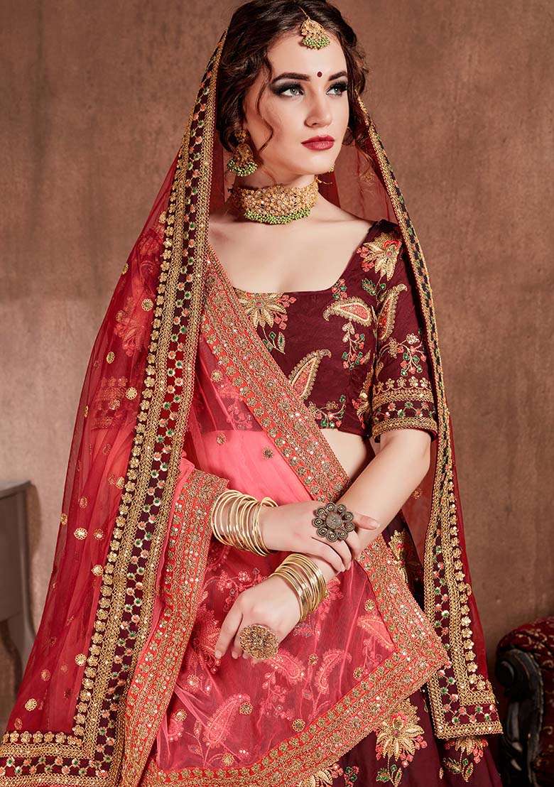 Dark Maroon Embroidered Art Silk Blend Lehenga Set for Diwali and Festive Wear - Indya